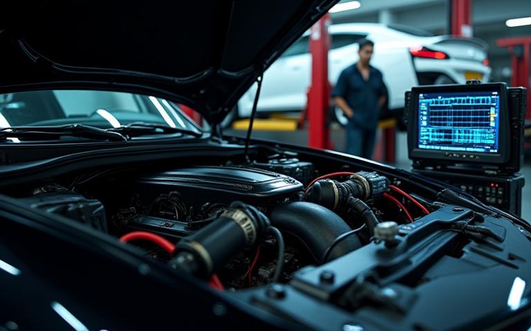 高度な診断機器に接続された車のエンジン